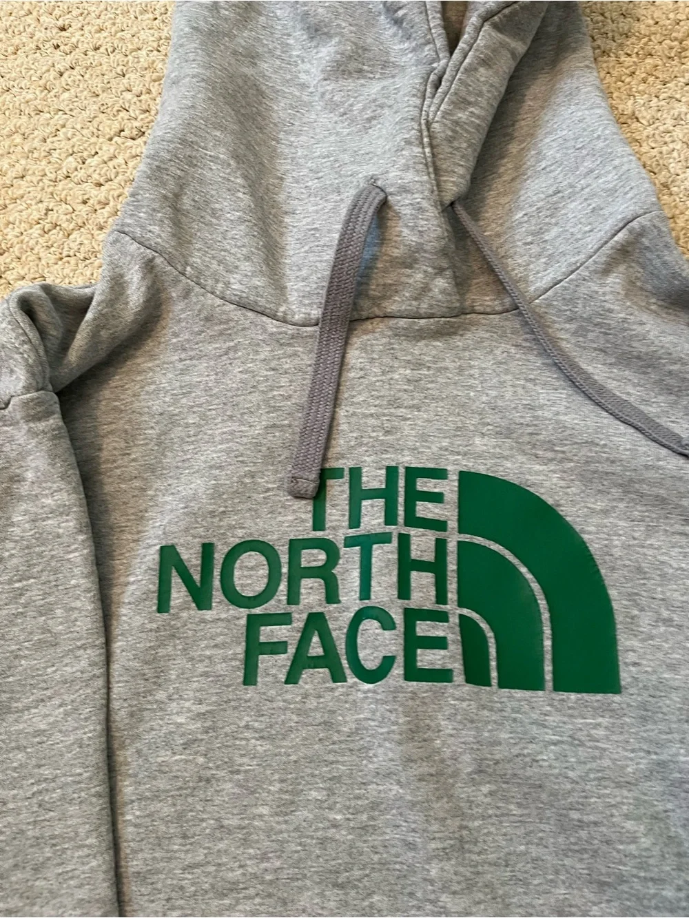 Mens XL North Face Grey Hoodie Sweatshirt with Green Trim